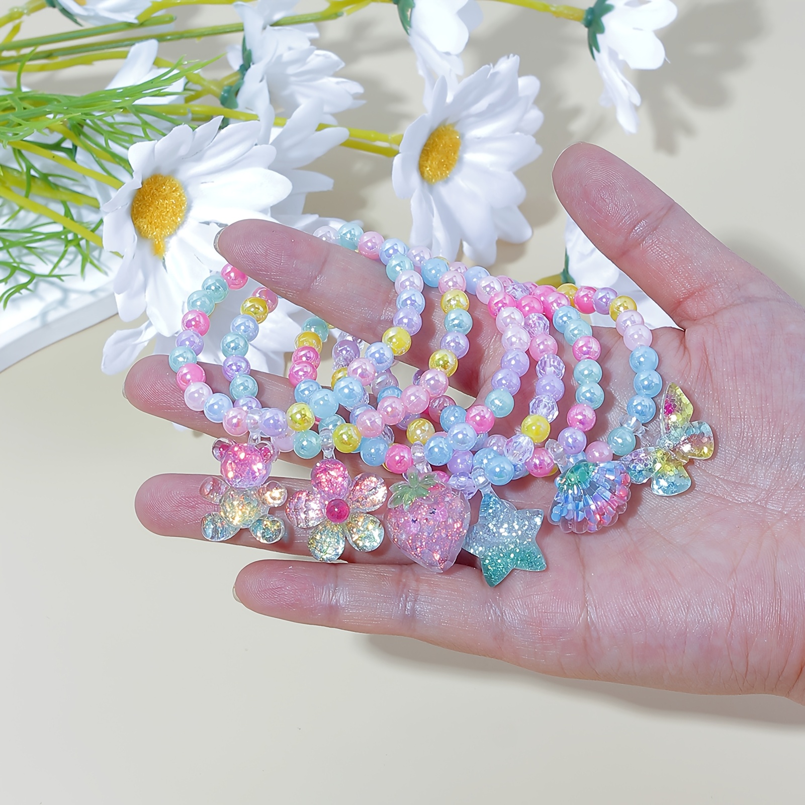6pcs Multi-color Bead Bracelet Set with Cute Pendants for Girls